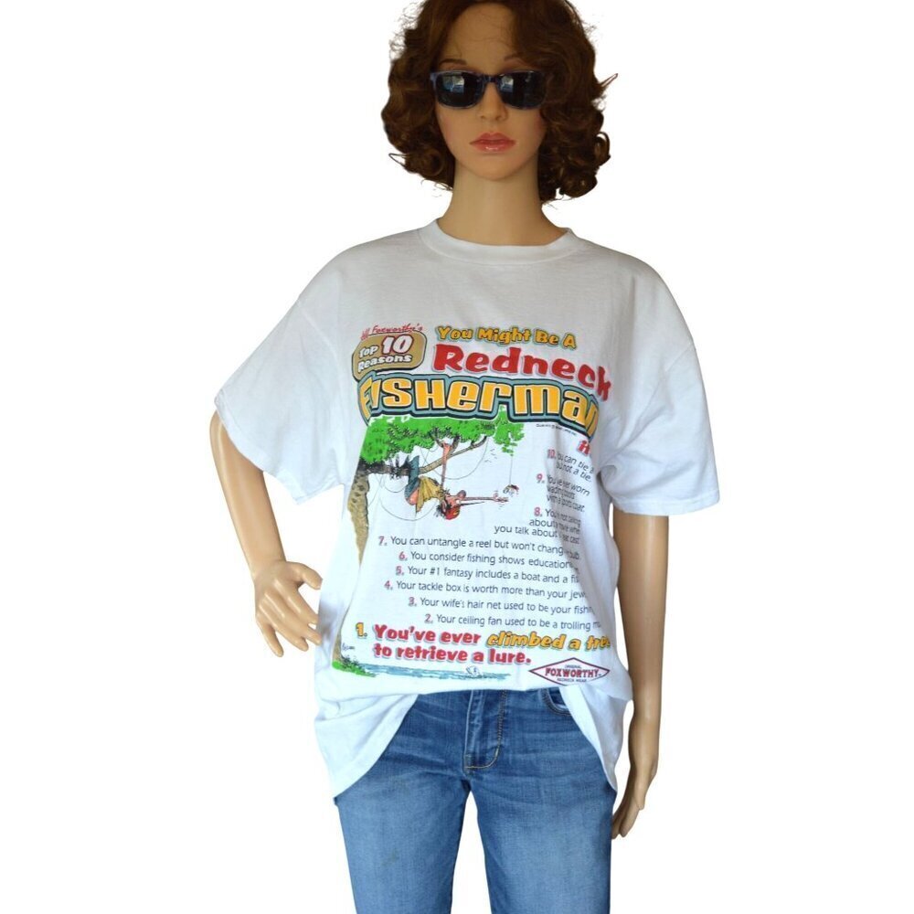Vintage 1990s Foxworthy Redneck Fisherman Graphic White T Shirt Men Size Large